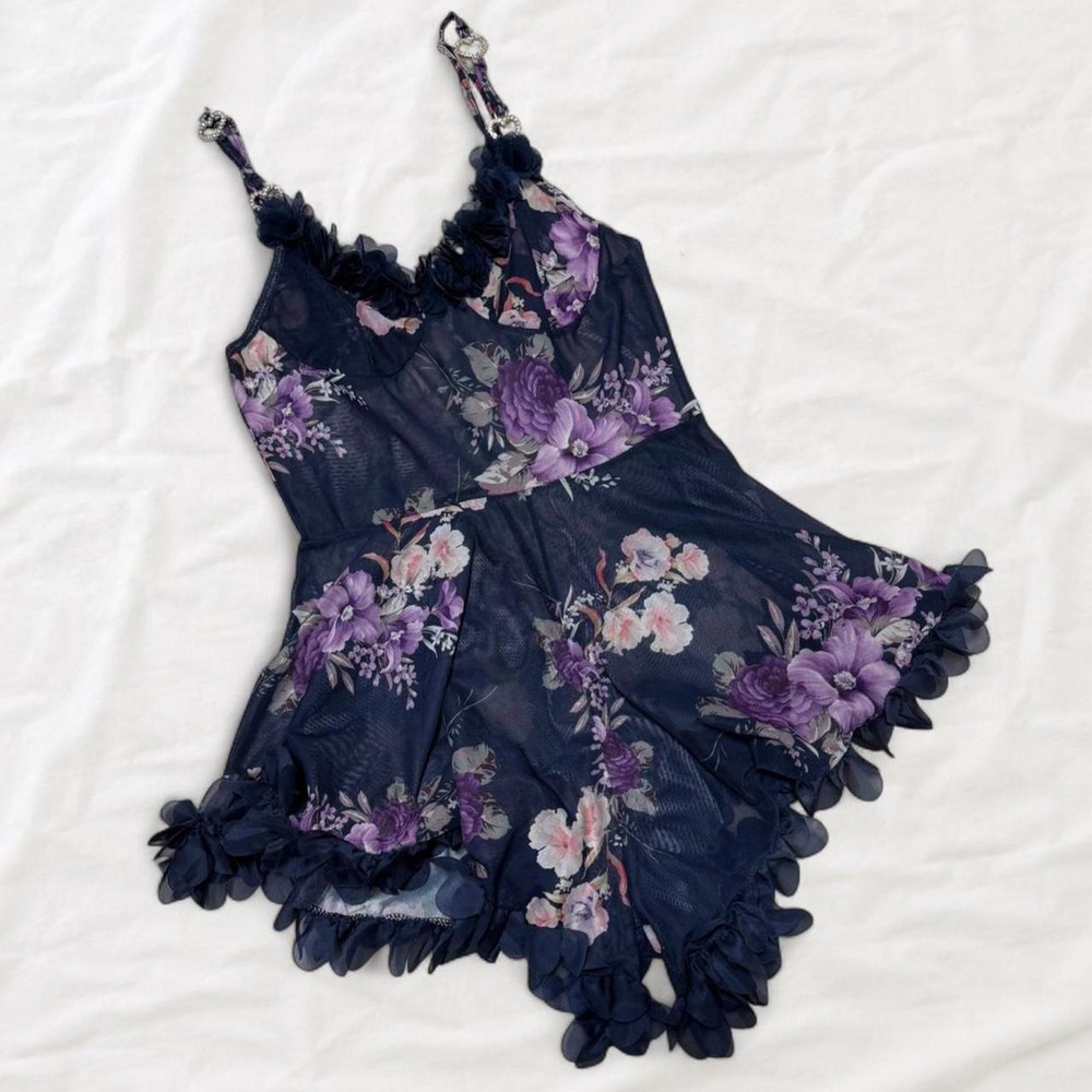 Whimsigoth Floral Mesh Romper Navy Blue Purple Sheer Petal Trim XS SM